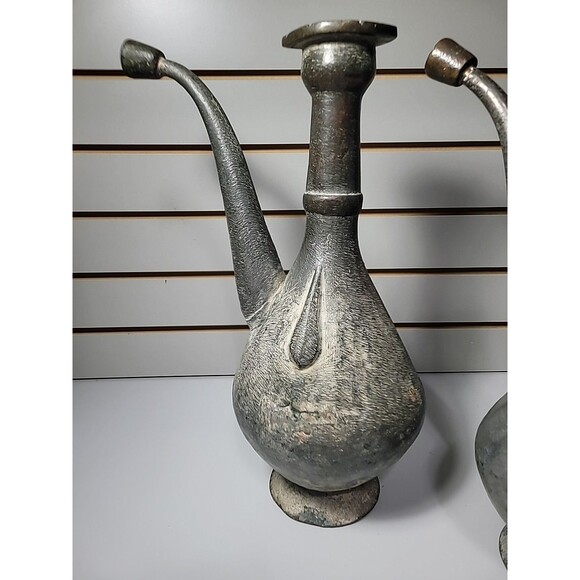 Antique Persian Copper Aftabeh Pitcher Water Ewer Set Of 2 Metal Jugs - Picture 3 of 9